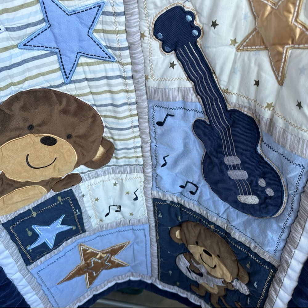Adorable Monkey and Stars Baby Quilt - Blue and Brown - Picture 4 of 5